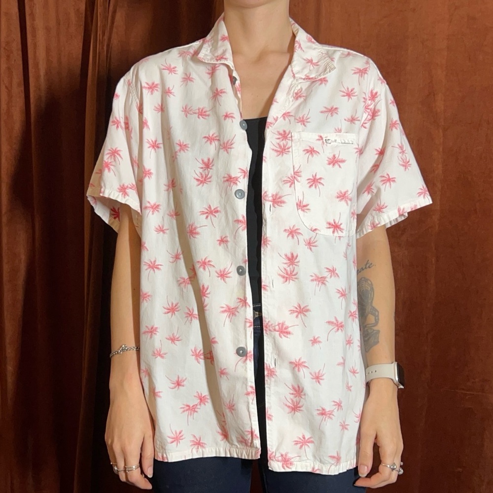 Vintage Reverse Print Hawaiian Shirt pink palm trees